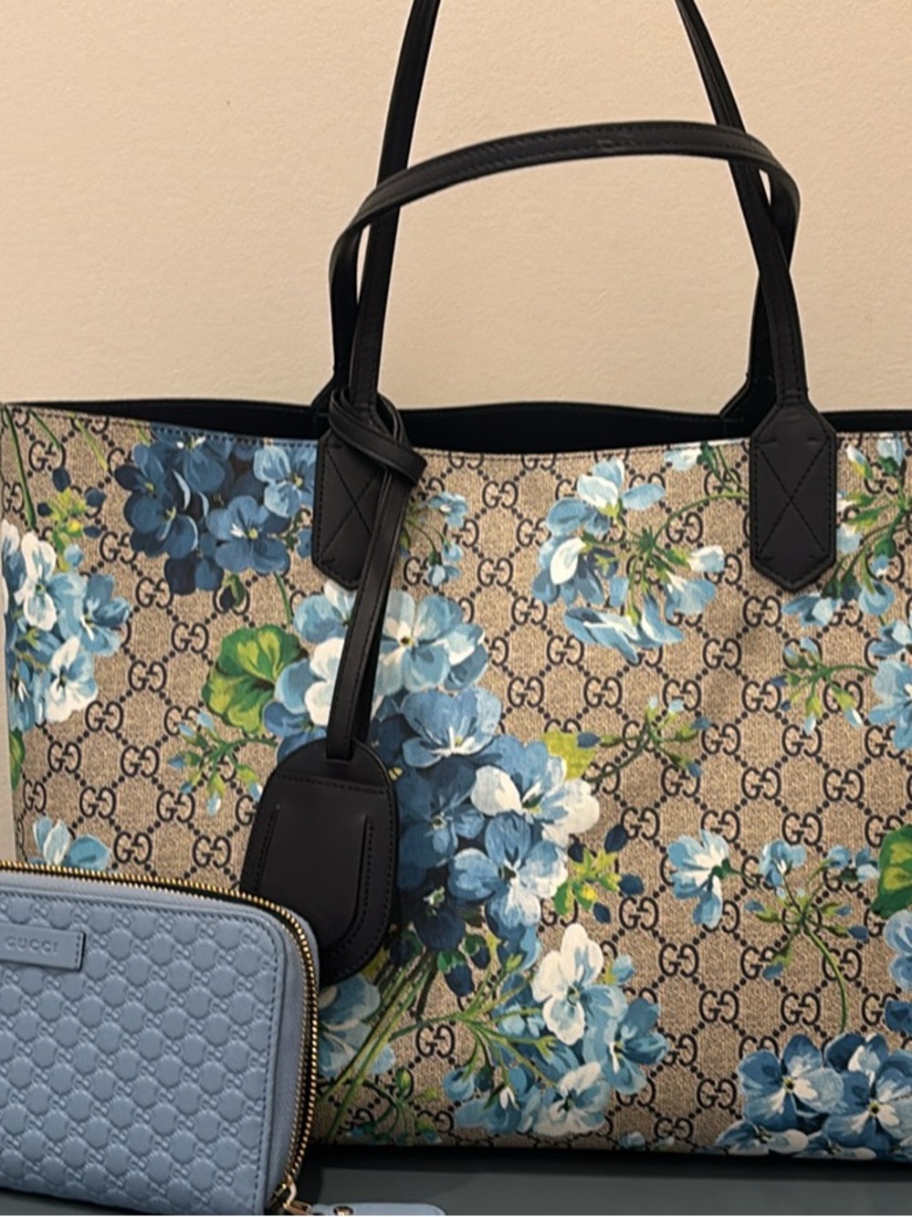 Gucci Floral GG Supreme Tote in Blue and Beige with Black Trim